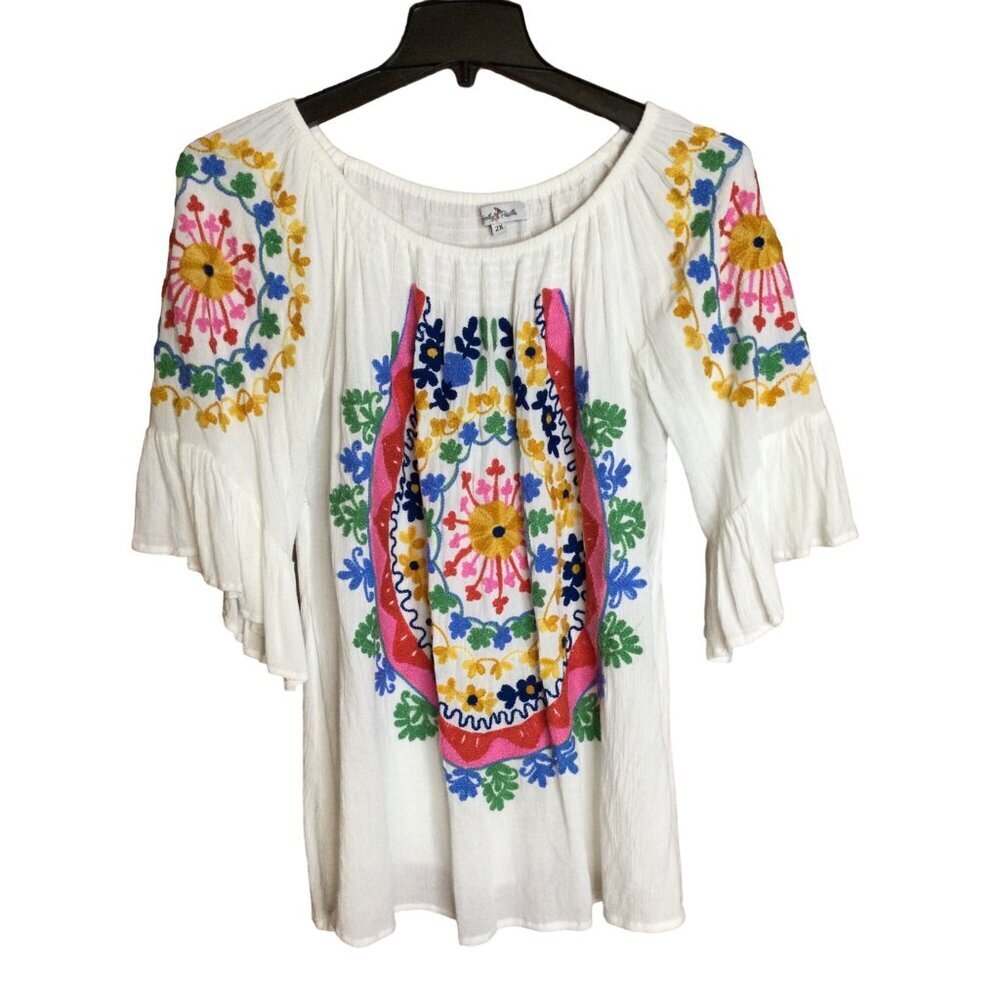 Perfectly Priscilla Women's Embroidered Floral Tunic Top Boho Multicolor Size 2X